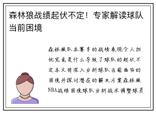 森林狼战绩起伏不定！专家解读球队当前困境
