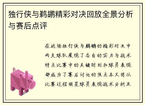 独行侠与鹈鹕精彩对决回放全景分析与赛后点评